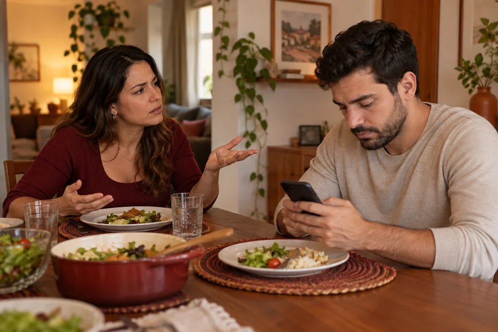 Mulher tentando conversar enquanto o companheiro olha o celular