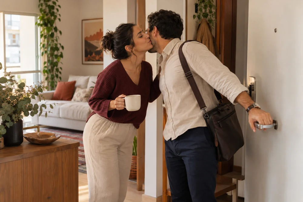 Casal se despedindo com um beijo apressado antes do trabalho