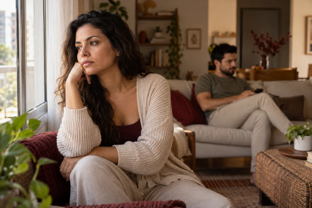 Mulher pensativa perto da janela, distante do companheiro